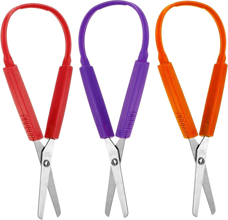 Telooco 3Pcs Loop Scissors Adaptive Design Scissor Colorful Handle Self-Opening Safety Scissors for Kids Children Schools Special Need 5.5 Inch(Red, orange, purple) - Image 1